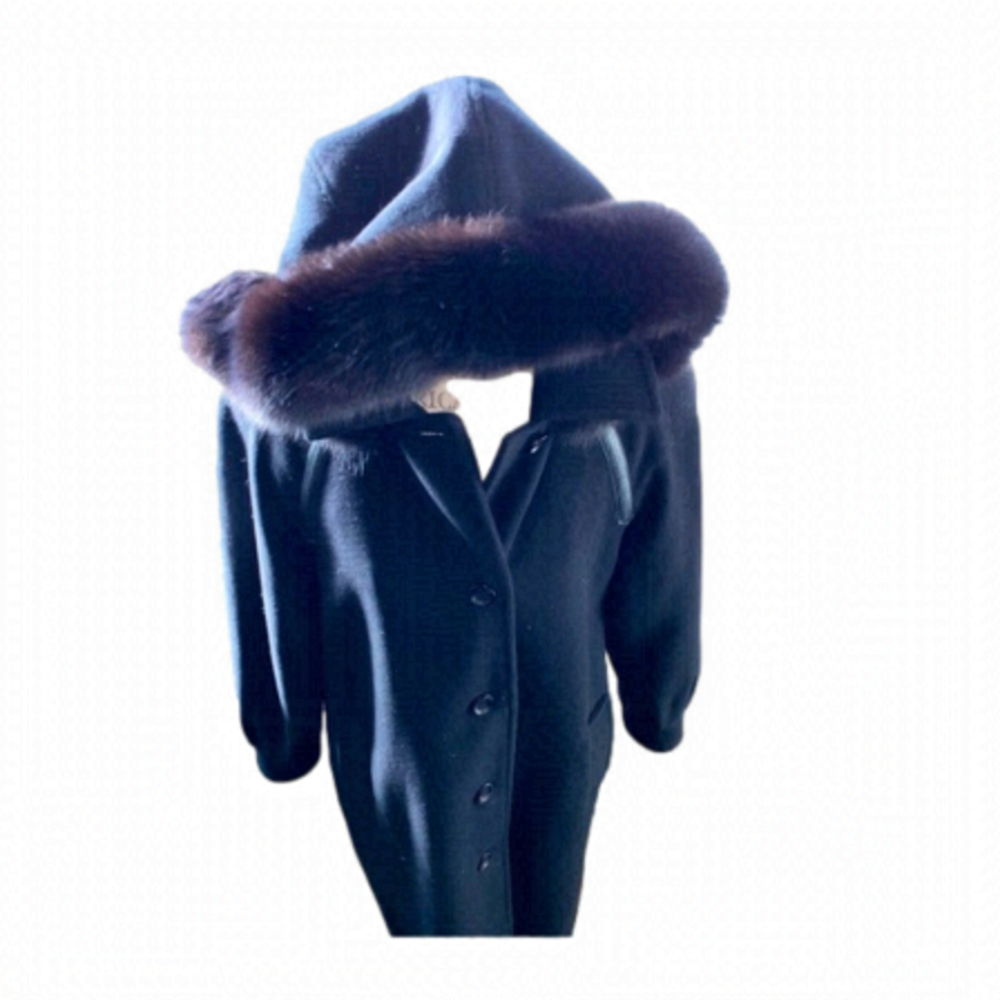 Fen-nelli Wool Cashmere Blend Coat Ladies Leather Accent Fur Trim 7/8 Vintage